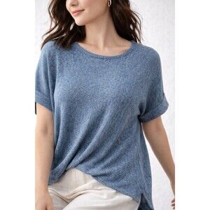 Max Studio London Blue Textured Knit Top Short Sleeve Relaxed Fit Size L